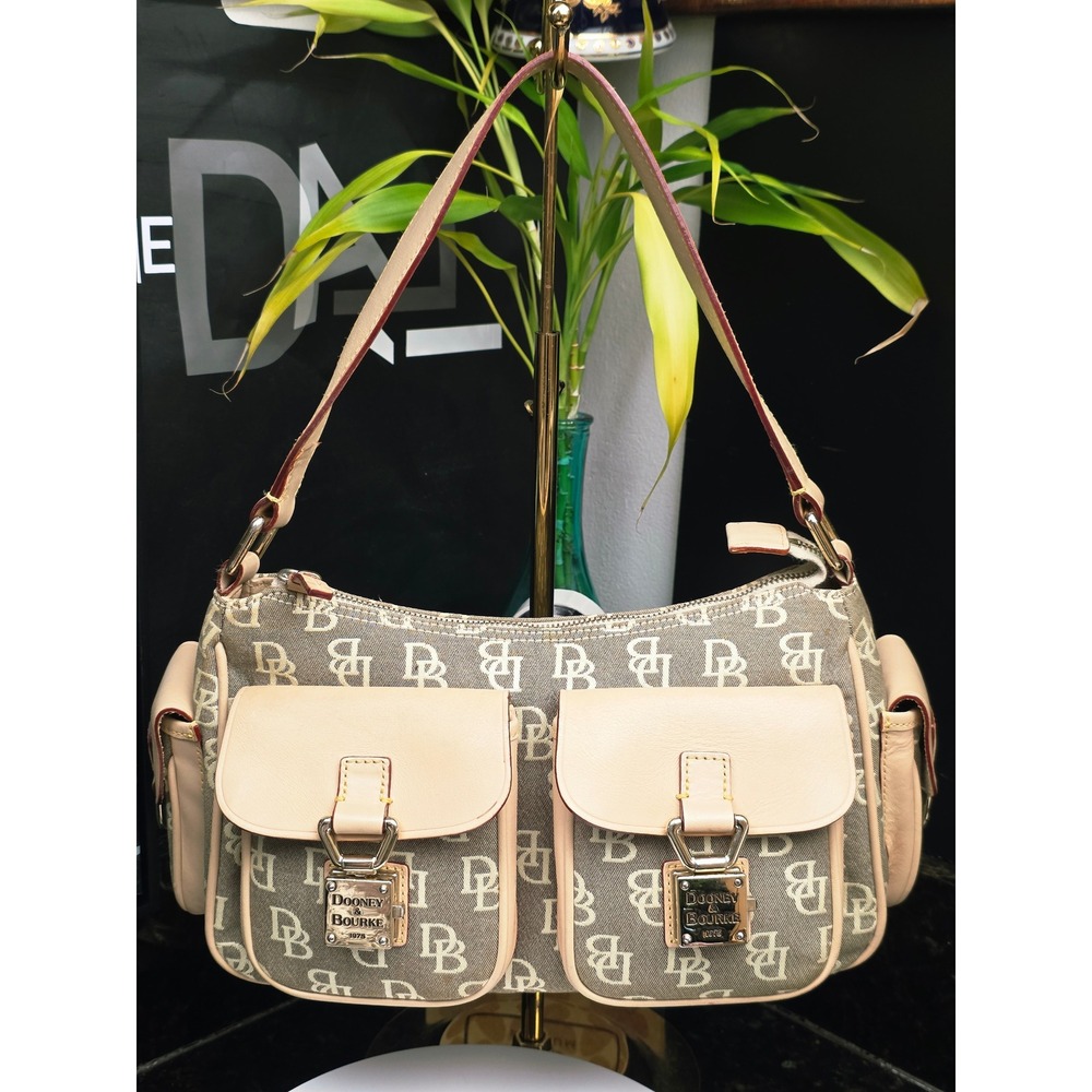 Dooney & Bourke Tackle Bag Medium Khaki Monogram Canvas Cargo Shoulder Purse